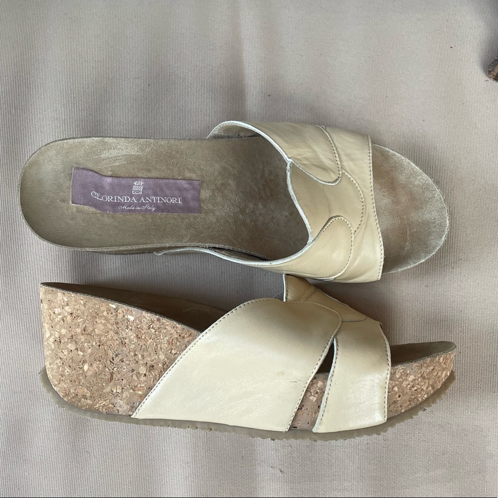 Clorinda‎ Antinori Leather Cork Wedge Platform Slide in Cream Size 8